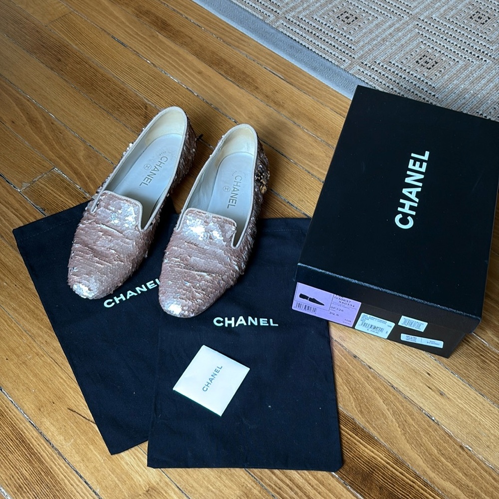 Chanel pink sequin loafers size 39.5 with dust bags and box.